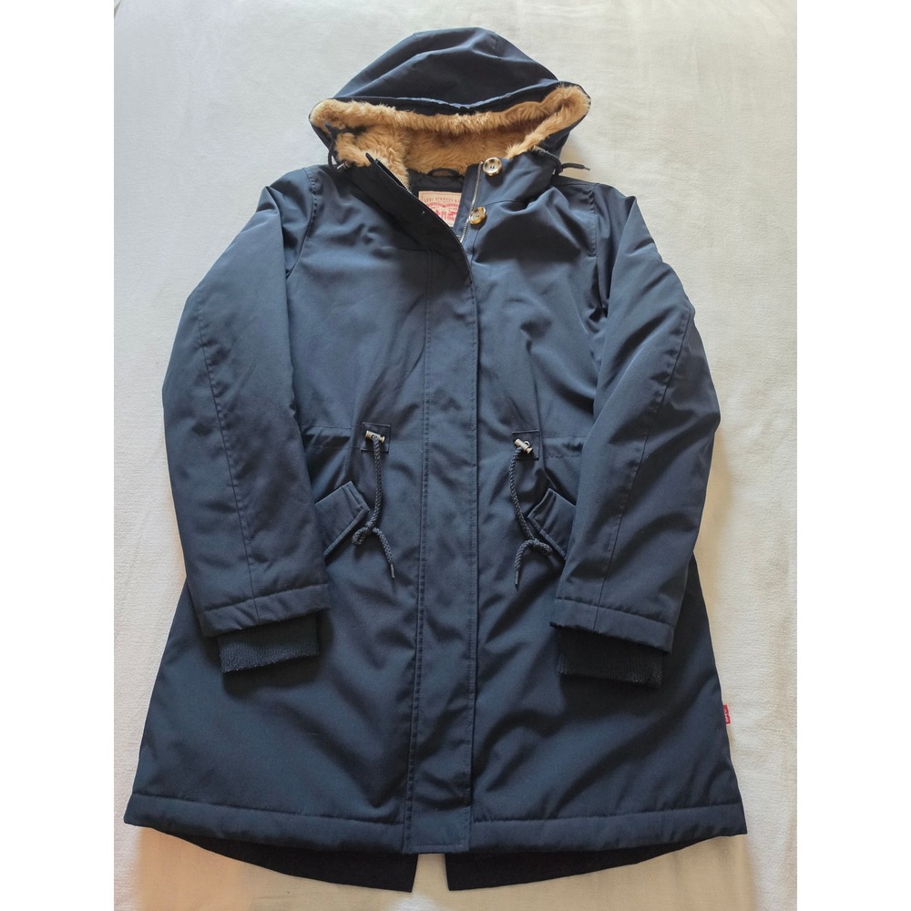 Levis Womens Navy Blue Faux Fur Lined Hooded Parka Jacket Size M